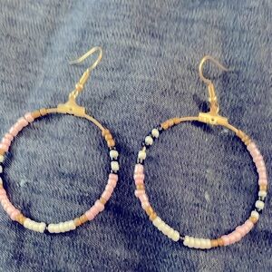 Handmade pink baby white gold hoop modern retro style earrings